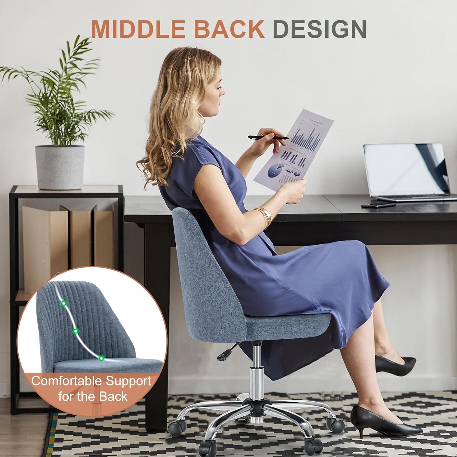 Casabay Armless Office Chair, Extra Cushion Padded Compact Upholstered Desk Chair with Back Support, Rolling Swivel Vanity Chair for Home Office, Blue