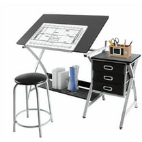 MYZBBD Drafting Desk, Drawing Table for Artists/Adults, Art Desk w/Stool and 3 Slide Drawers, Painting Studio Design Work Station, Adjustable Tabletop, Modern