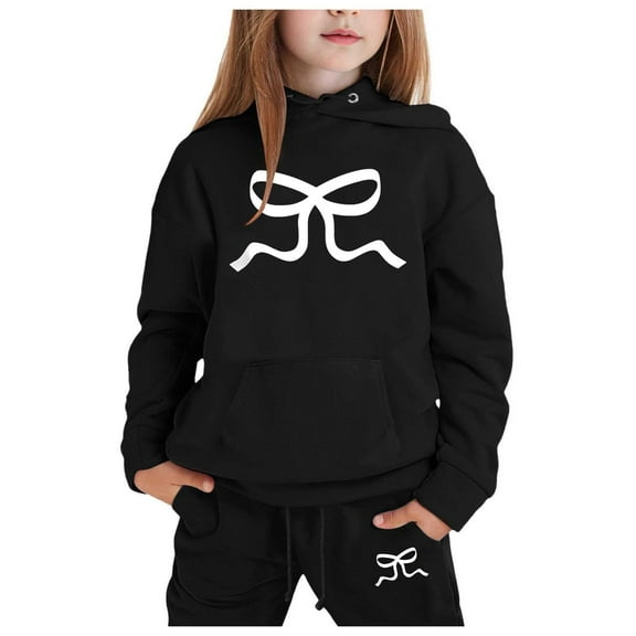 Hienoo Children's Hoodie Set with Bow Print Toddler Girls Hoodie and Sweatpants Outfits