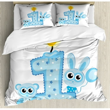 1st Birthday Duvet Cover Set, Boys Party Theme with a Cake and Candle Rabbit and Bear Animals, Decorative 3 Piece Bedding Set with 2 Pillow Shams, Queen Size, Pale Blue Pale Blue, by Ambesonne