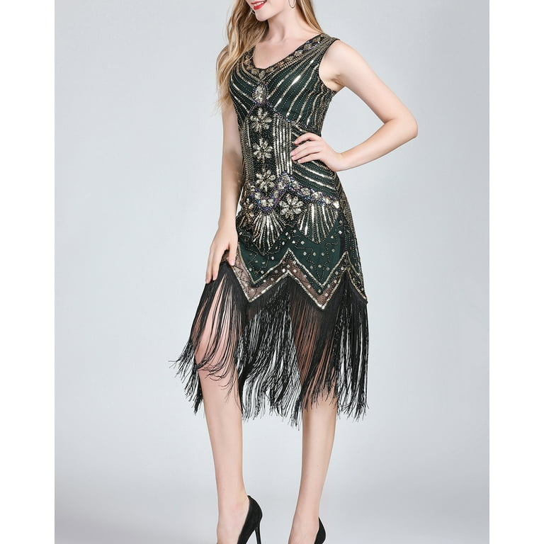 Beaded Sequin Fringe 20s Gatsby Speakeasy Party Theme Dresses Cothing Black Green Walmart