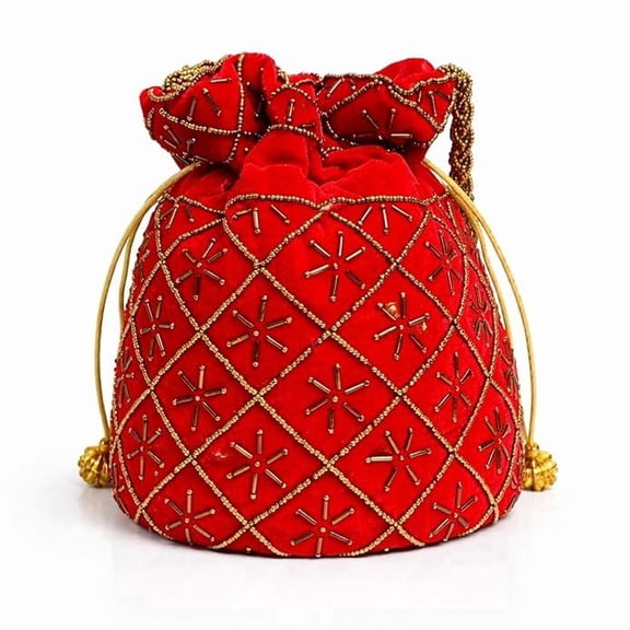 Traditional Drawstring Potli Bag – Perfect Wedding Party Companion ( Red )