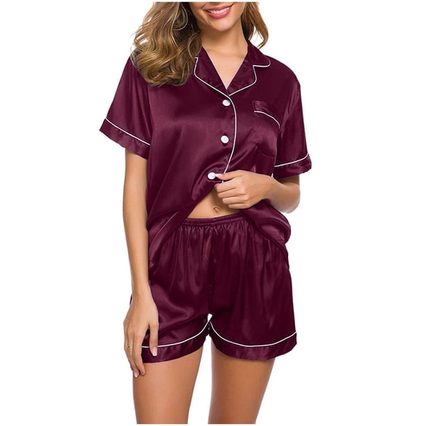 Conjunto de pijama de seda para mujer: top de satén con botones y pantalones cortos, ropa de estar por casa suave, ideal para las noches de verano y para relajarse de forma informal.