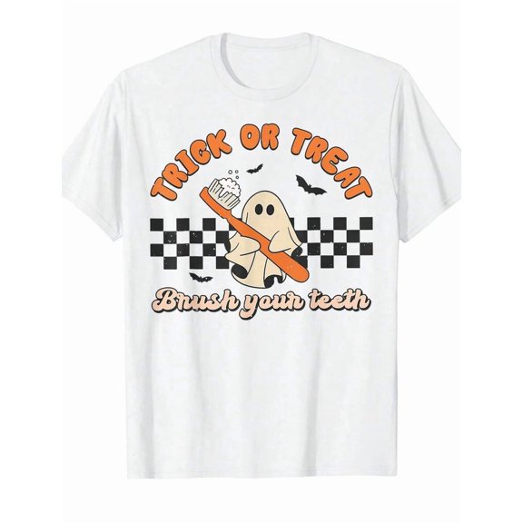 Halloween Graphic Tees Shirts For Men Trick Or Treat Ghost Checkerboard Retro Spooky Holiday Mens