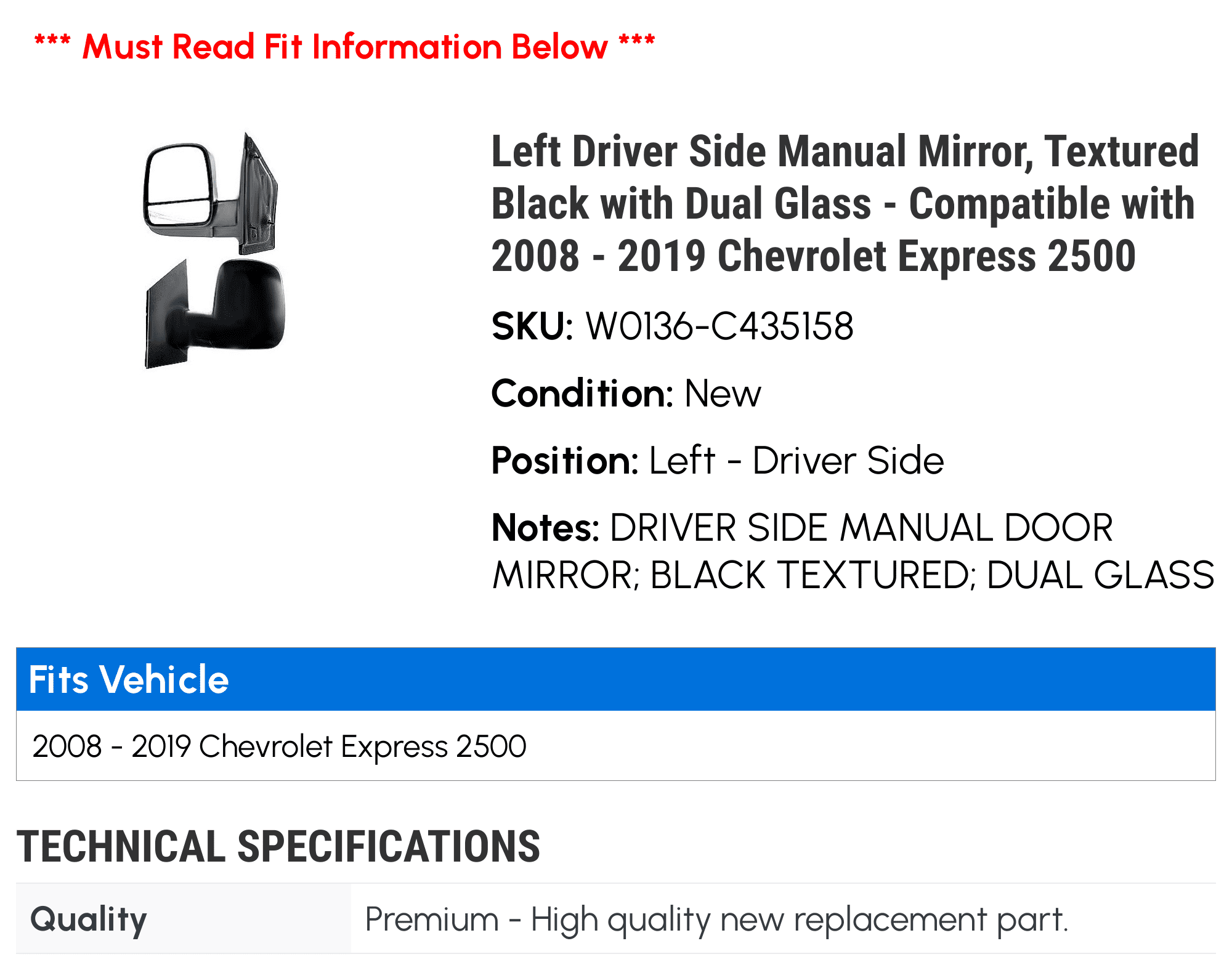 Left Driver Side Manual Mirror, Textured Black with Dual Glass - Compatible with 2008 - 2019 Chevy Express 2500 2009 2010 2011 2012 2013 2014 2015 2016 2017 2018 2020