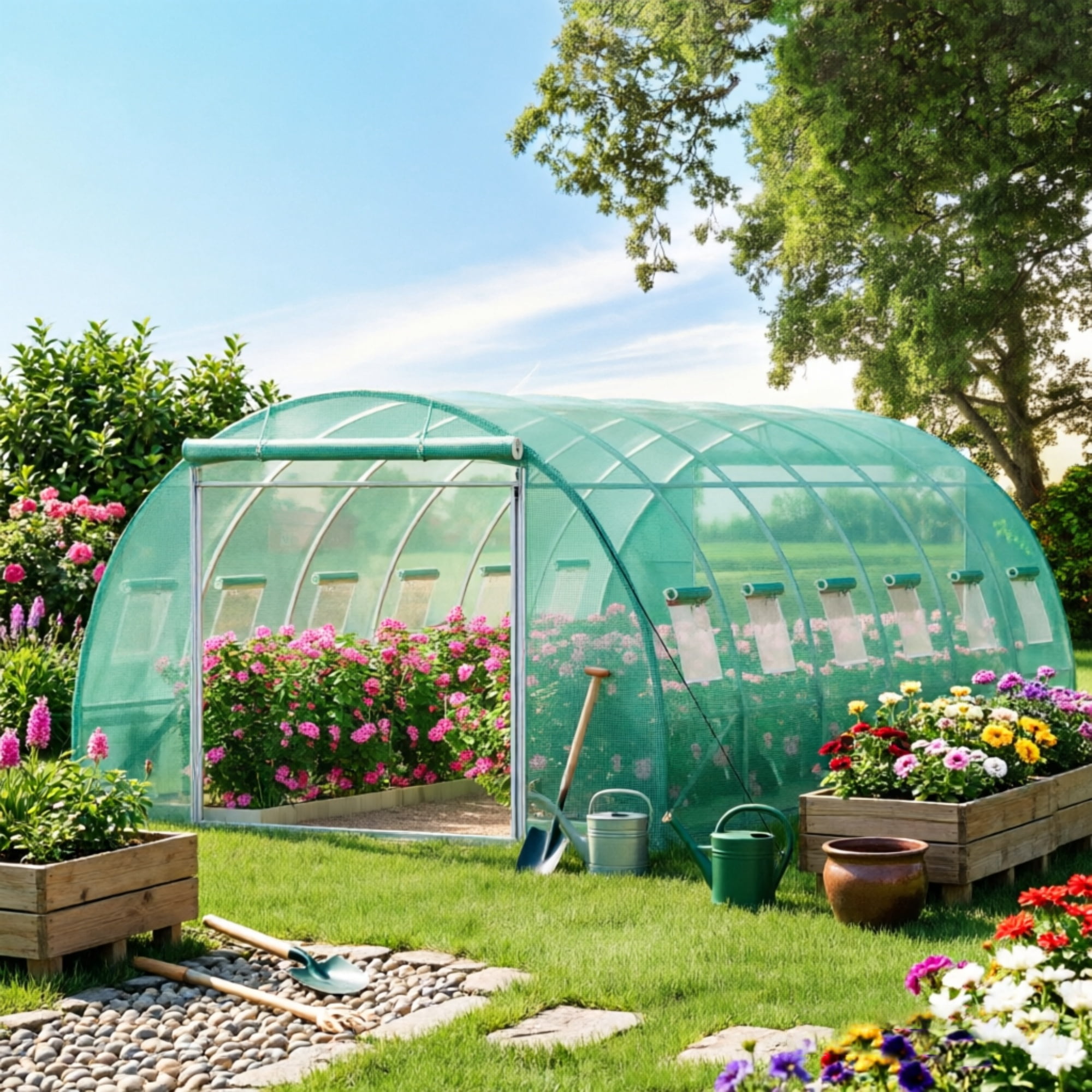 Walk-in Tunnel Greenhouse, Portable Hot House with Galvanized Steel Hoops & 12 Roll-up Windows, 20' x 10' x 7'