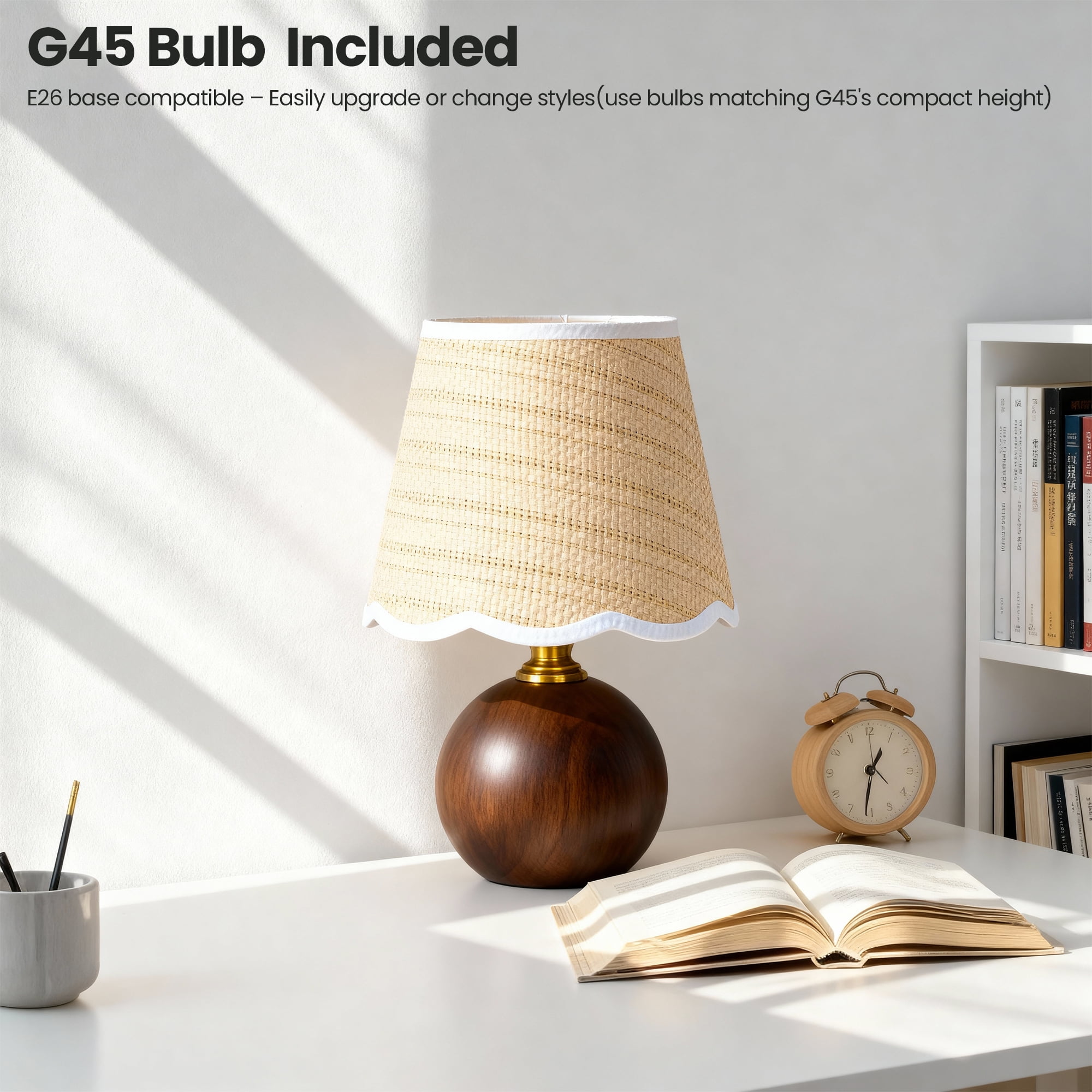 URLIGHTS Table Lamp with Wooden Base Fabric Lampshade,Desk Bedside Small Lamps with 6ft Power Cord, 110V Plug, Dimmable E26 Socket (Bulb Included) for Living Room Night Stands Bedroom