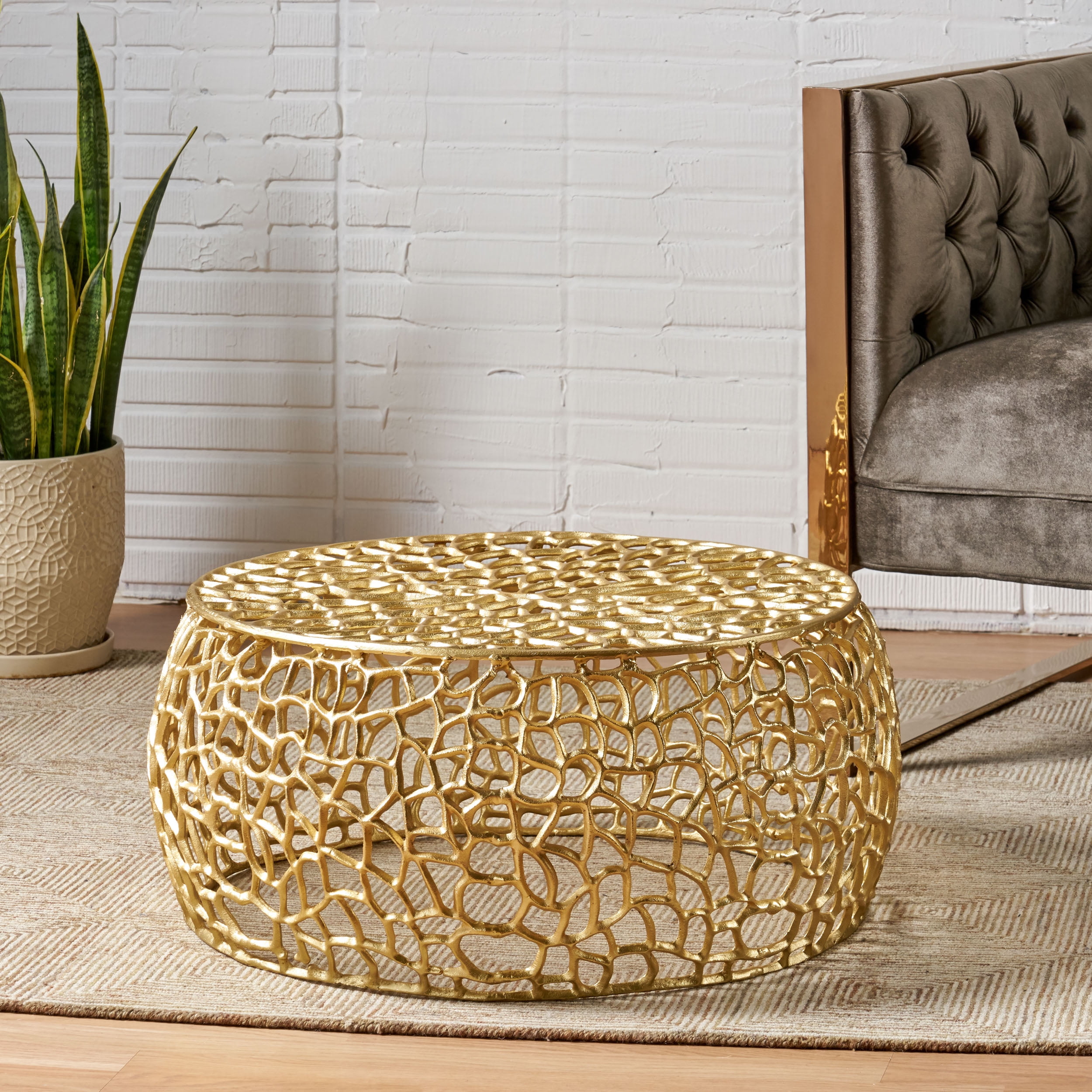 Noble House Avelina Modern Handcrafted Aluminum Mesh Coffee Table, Gold