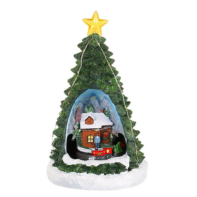 pdqouc Resin Christmas Village Buildings Figurines with LED Lights Christmas Music and Battery and Cable Operated or Christmas Home Indoor Decorations