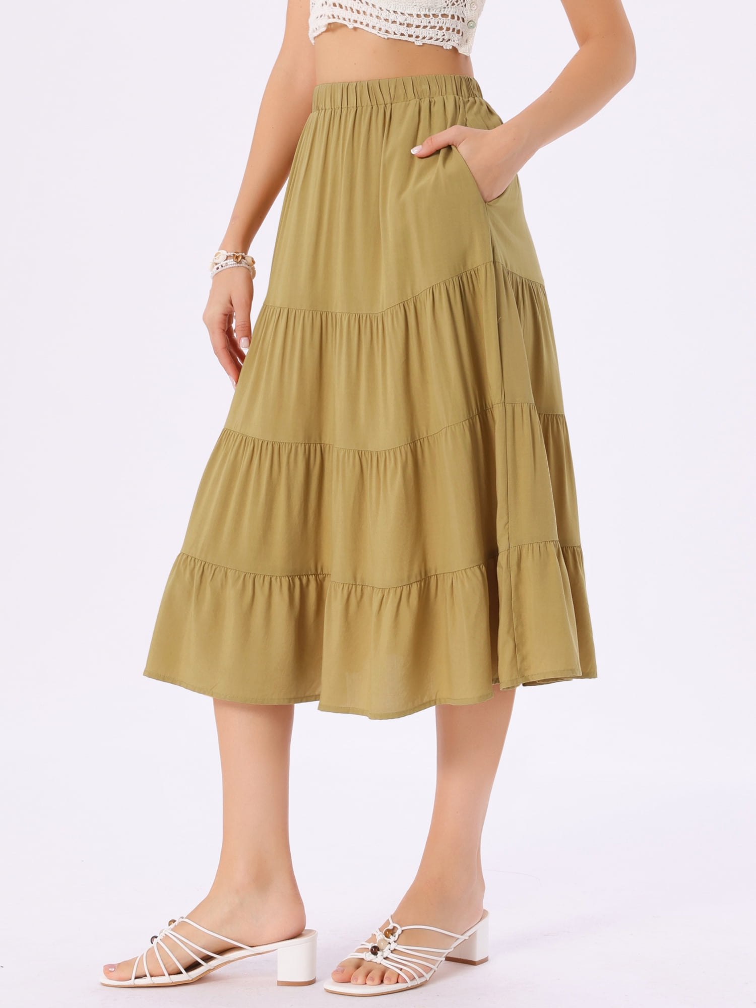 DARING DIVA Women's Flare Tiered Pleated Solid Elastic Waist A-Line Skirt M Khaki