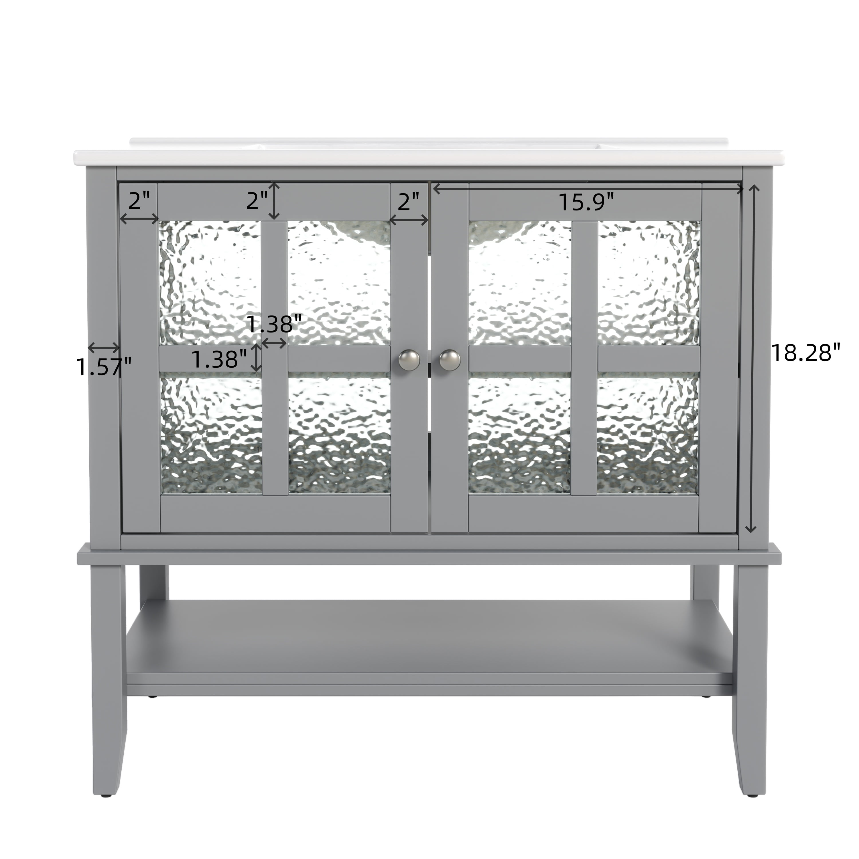 Euroco 36" Bathroom Vanity with Ceramic Sink, Textured Glass Doors, Solid Wood Legs, and Open Shelf – Modern Storage Solution