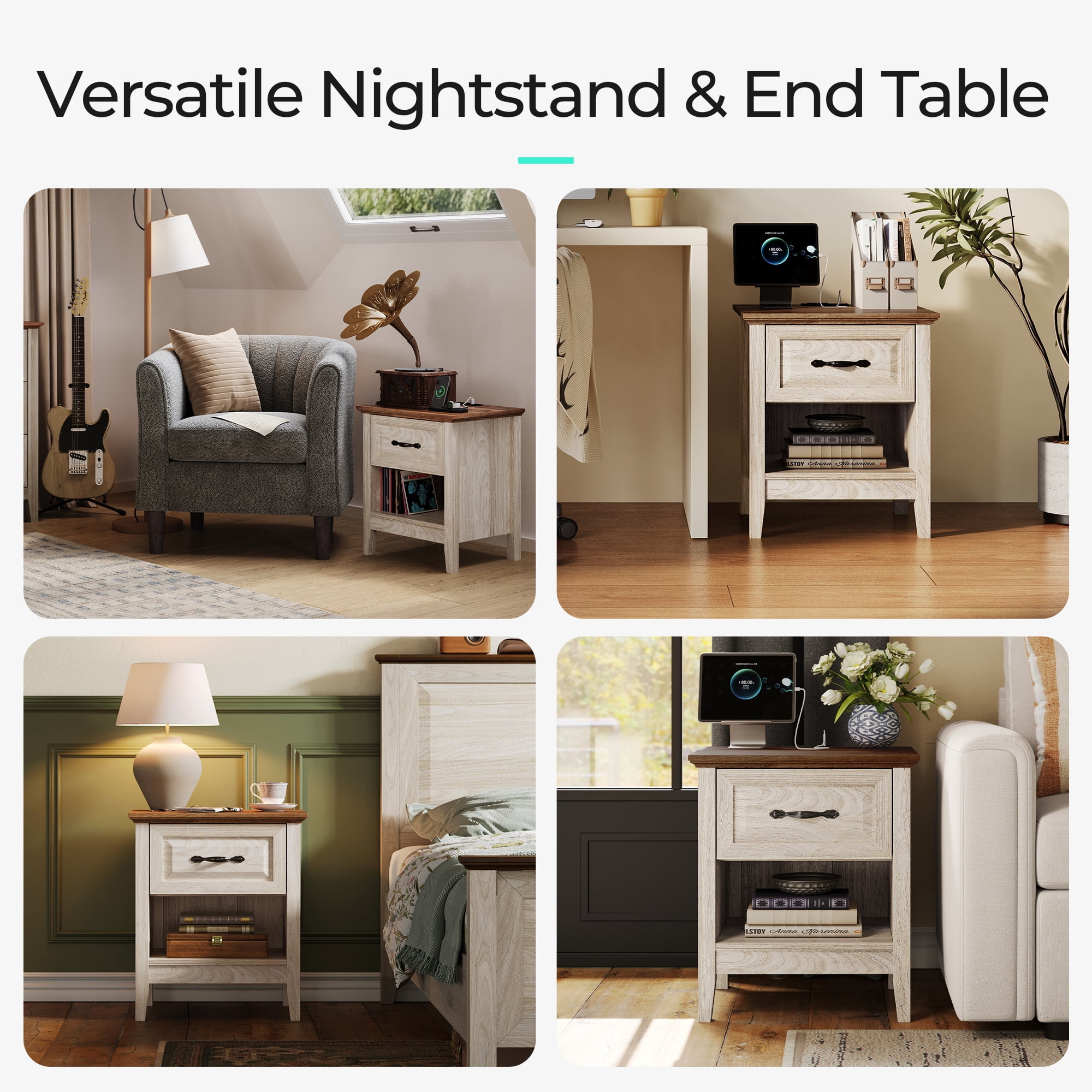 Linsy Home Nightstand for Bedroom set of 2 with Charging Station, Farmhouse End Tables for Living Room set of 2 with Drawer, Beige