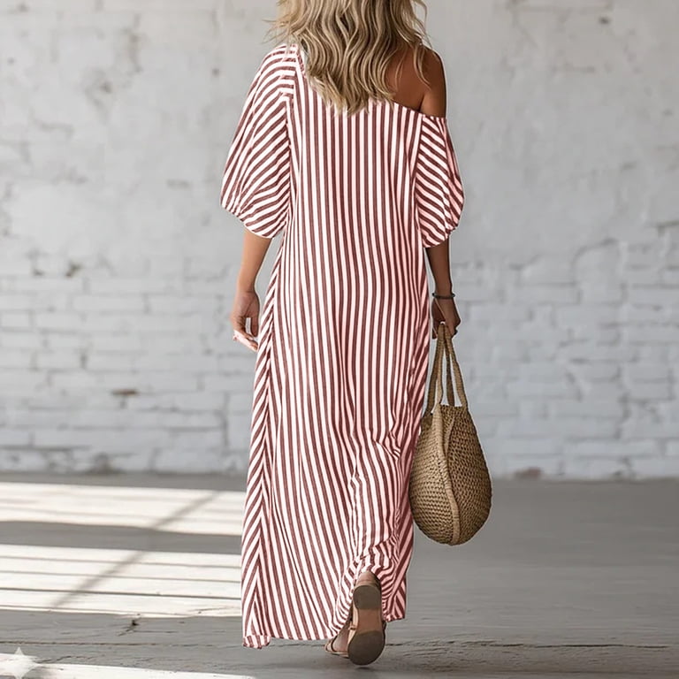 Women's Summer Short Sleeve Dress One Shoulder Boho Midi Dresses Loose Causal Sundress, M