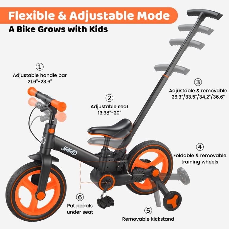 JMMD Toddler Bike with Training Wheels, Kid Balance Bike with Push Handle,  Pedals, 6-in-1 Foldable Toddler Tricycle for Boy Girl 1-5 Years, Orange