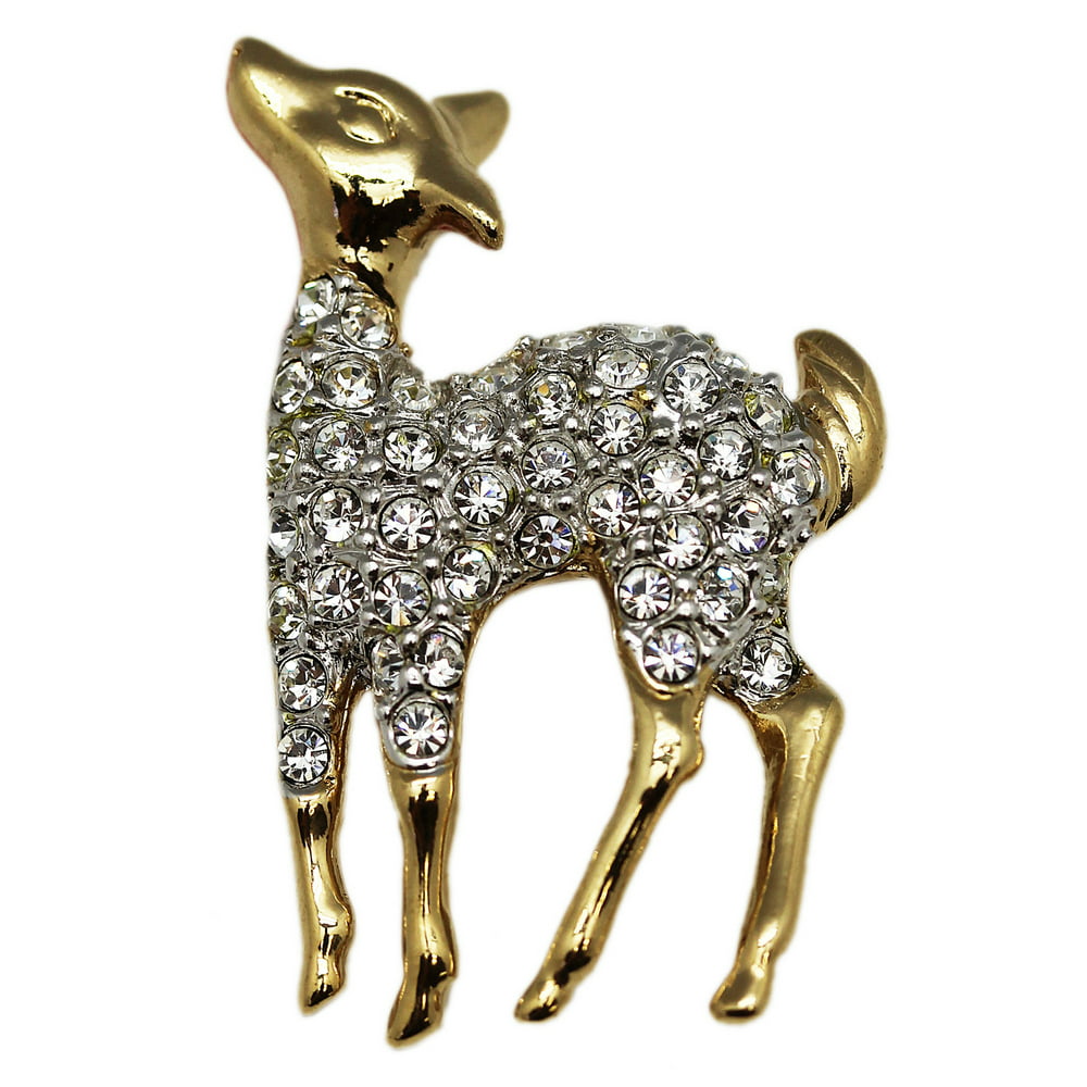 Fashion Brooch - Adorable Golden Deer Brooch With Clear Rhinestones ...