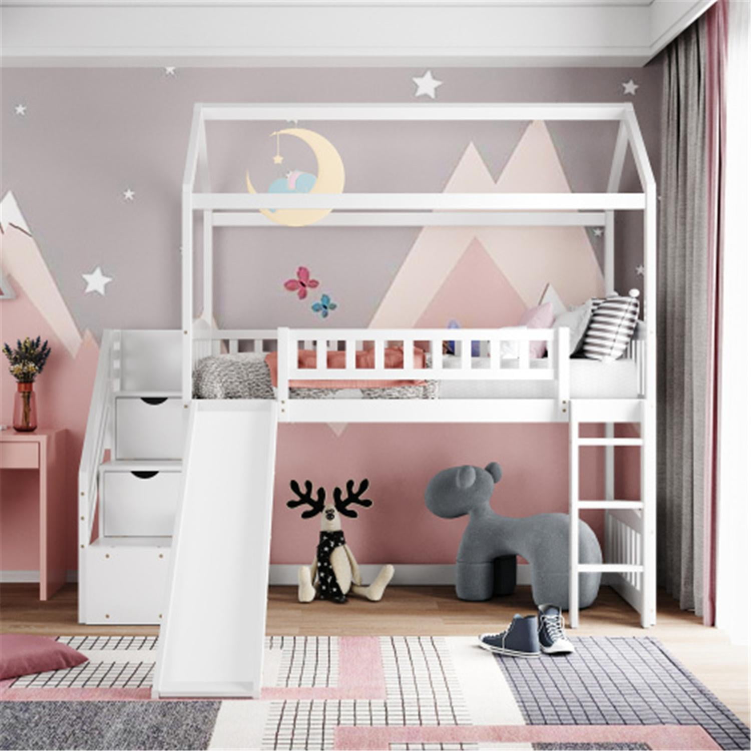 Twin Loft Bed With Slide And Storage Stairs House Loft Bed Frame With Ladder And Guardrail For Kids No Spring Box Needed White Walmart Com