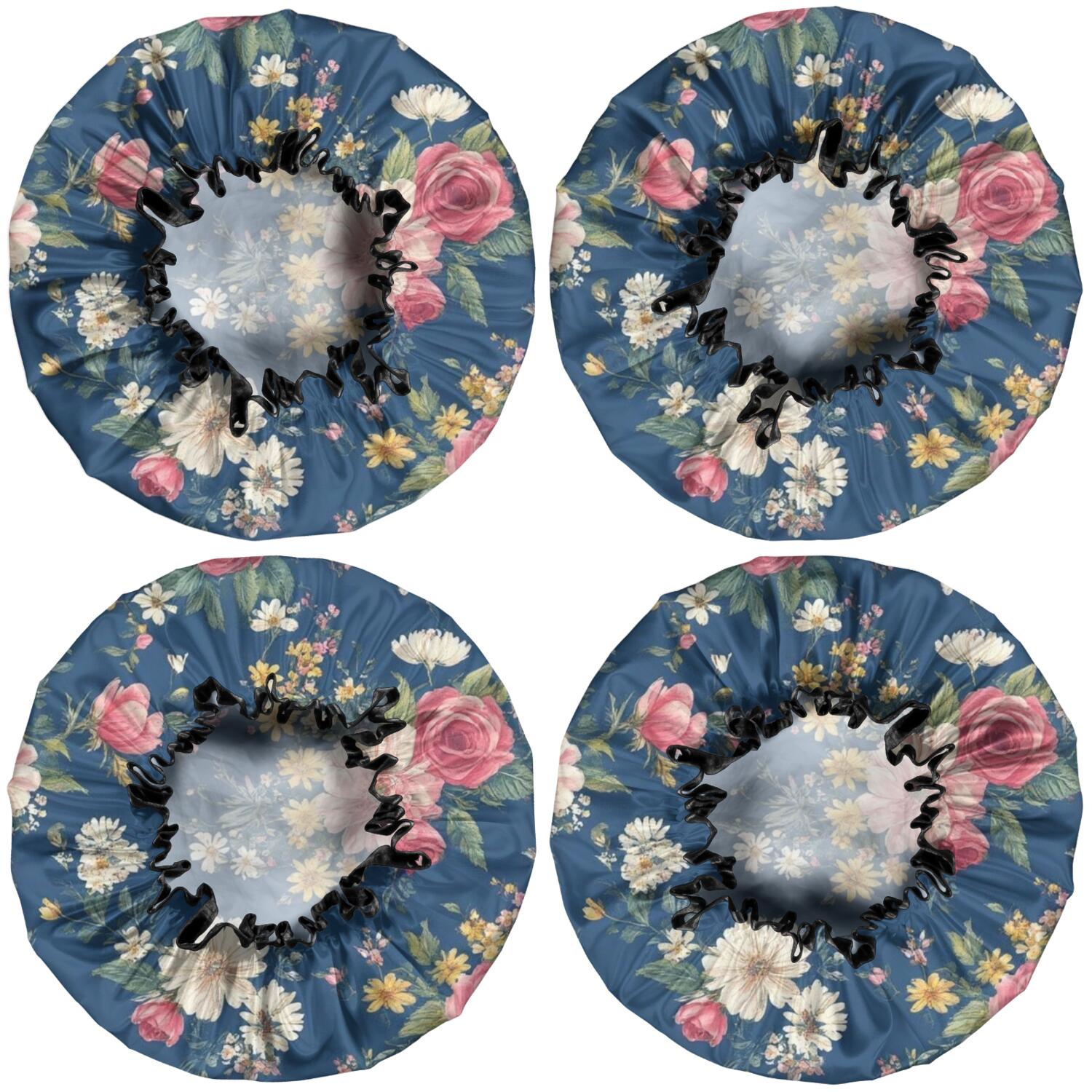 Shower Caps,Pioneer Flower Floral Print Pattern Waterproof Shower Cap for Women 4 Pieces,Double Reusable Hair Cover for Shower PEVA Elastic Stretch Hem