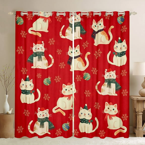 Manfei Cartoon Cat Animal Black Out Curtains, Kawaii Kitten Lover Curtains Pack of 2 (42x63 Each), Christmas Hat Snowflake Bedroom Curtains, Curtains and Drapes Home Decor