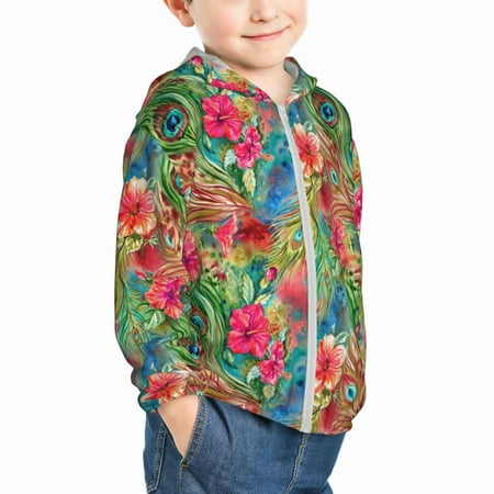 

Uemuo Peacock Feathers And Flowers Pattern Rash Guard for Boys Girls Long Sleeve Swim Shirts UPF 50+ UV Sun Protection Hooded Fishing Shirt with Pocket for Kid-2 Years