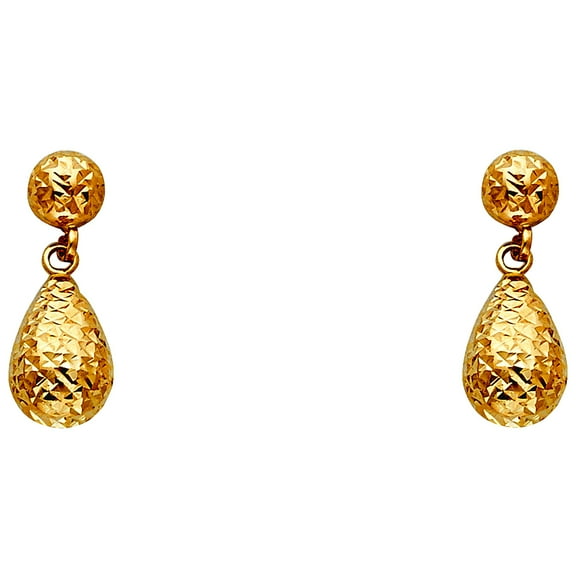 14k Yellow Gold Sparkle-Cut Hollow Tear Drop Earrings With Post 8x20mm Dangle Earring for Women
