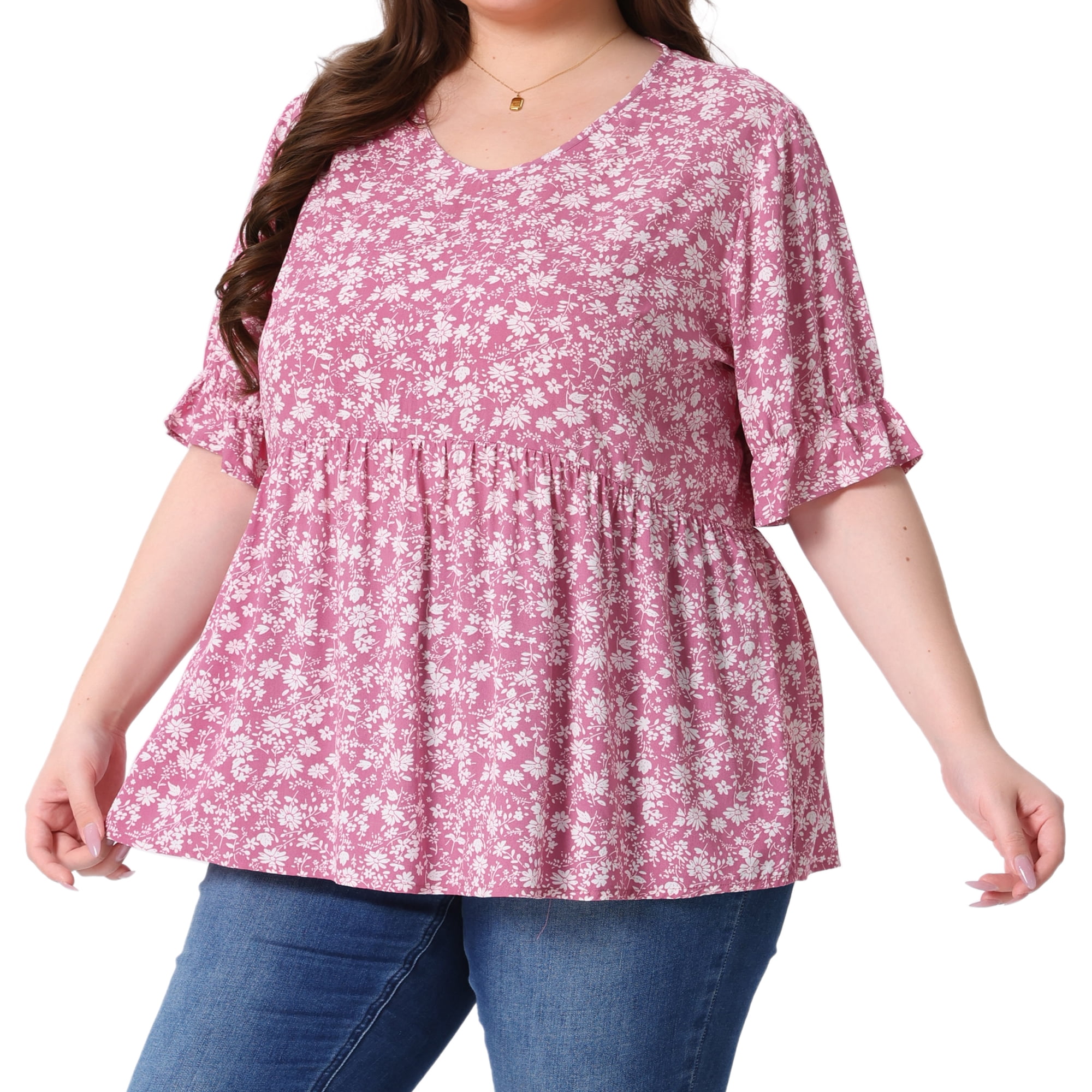 DARING DIVA Women's Plus Size Floral V Neck Ruffle Short Sleeve Blouses 4X Pink