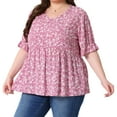 thumbnail image 2 of DARING DIVA Women's Plus Floral Print Ruffle Short Sleeve Babydoll Blouse 1X Pink, 2 of 6