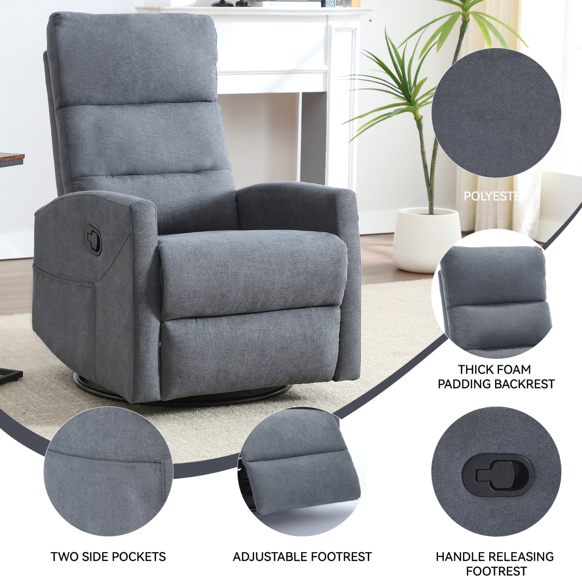 Manual Recliner Chair for Living Room,Swivel Recliner Chair with Footrest,Gray