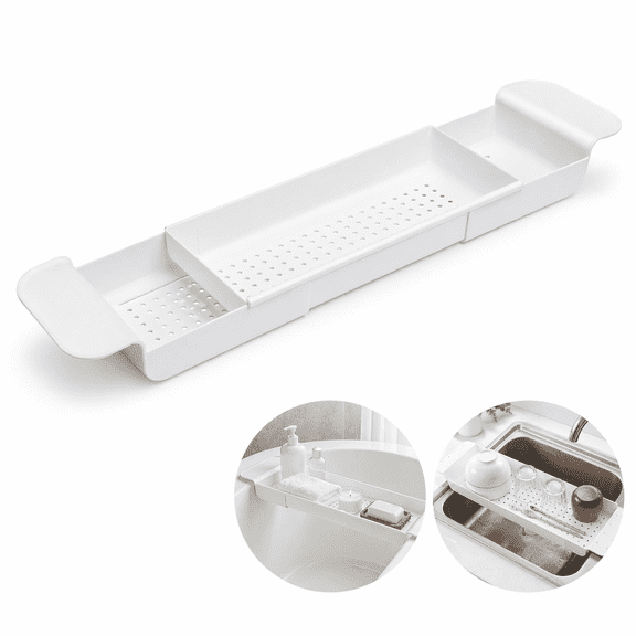 Expandable Bathtub Caddy Tray, Retractable Plastic Sink Organizer for Kitchen and Bathroom, Adjustable Drain Rack
