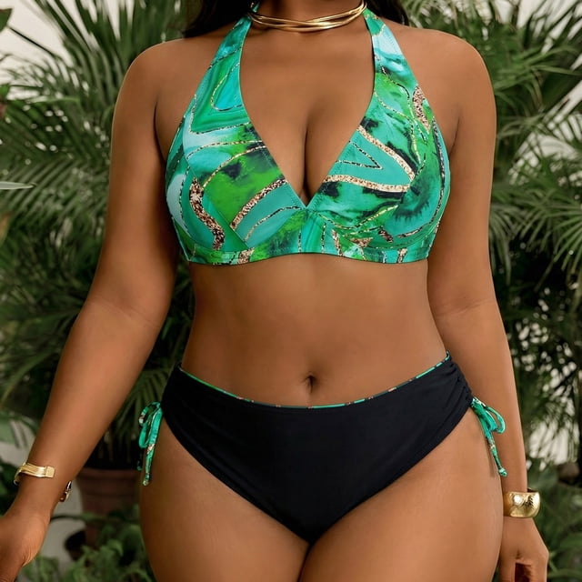 Traje de baño de 2 piezas para mujer, trajes de baño para mujer, traje de baño de moda para mujer de talla grande, traje de baño estampado con tirantes, traje de baño con abertura lateral, traje de ba