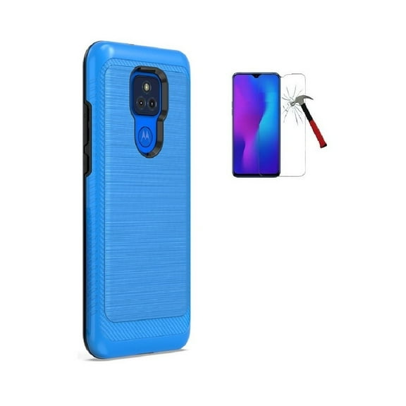 Phone Case for Motorola Moto G Play (2021)/ Cricket Wireless Moto G Play, Dual Layer Shock Resistant Brushed Texture Protective Cover Tempered Glass Screen Protector (Blue)