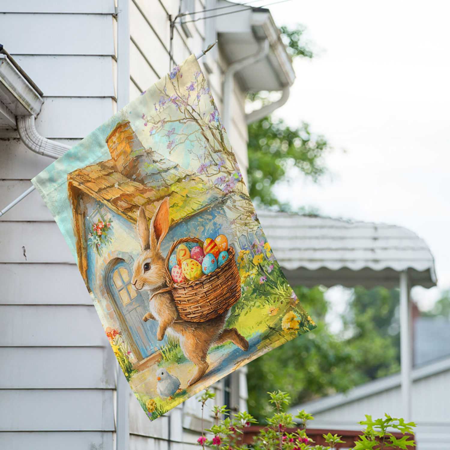America Forever Easter Bunny Cottage House Flag, 28 x 40 inch Double Sided, Rabbit Basket Chick, Spring Storybook Fairytale, Traditional Flag