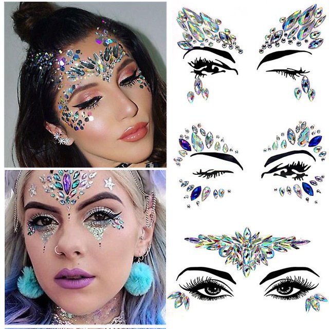 3 hojas de gemas para el rostro, pegatinas de diamantes de imitación, joyas de diamantes de imitación de cristal para festivales, decoraciones para el rostro