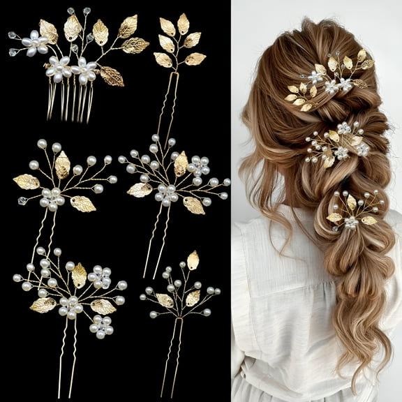 VANIDO Bridal Wedding Hair Pins Gold Leaf Hair Pins Clips Crystal Pearl Flower Headpiece Vintage Wedding Hair Accessories for Brides Bridesmaids Women Girls