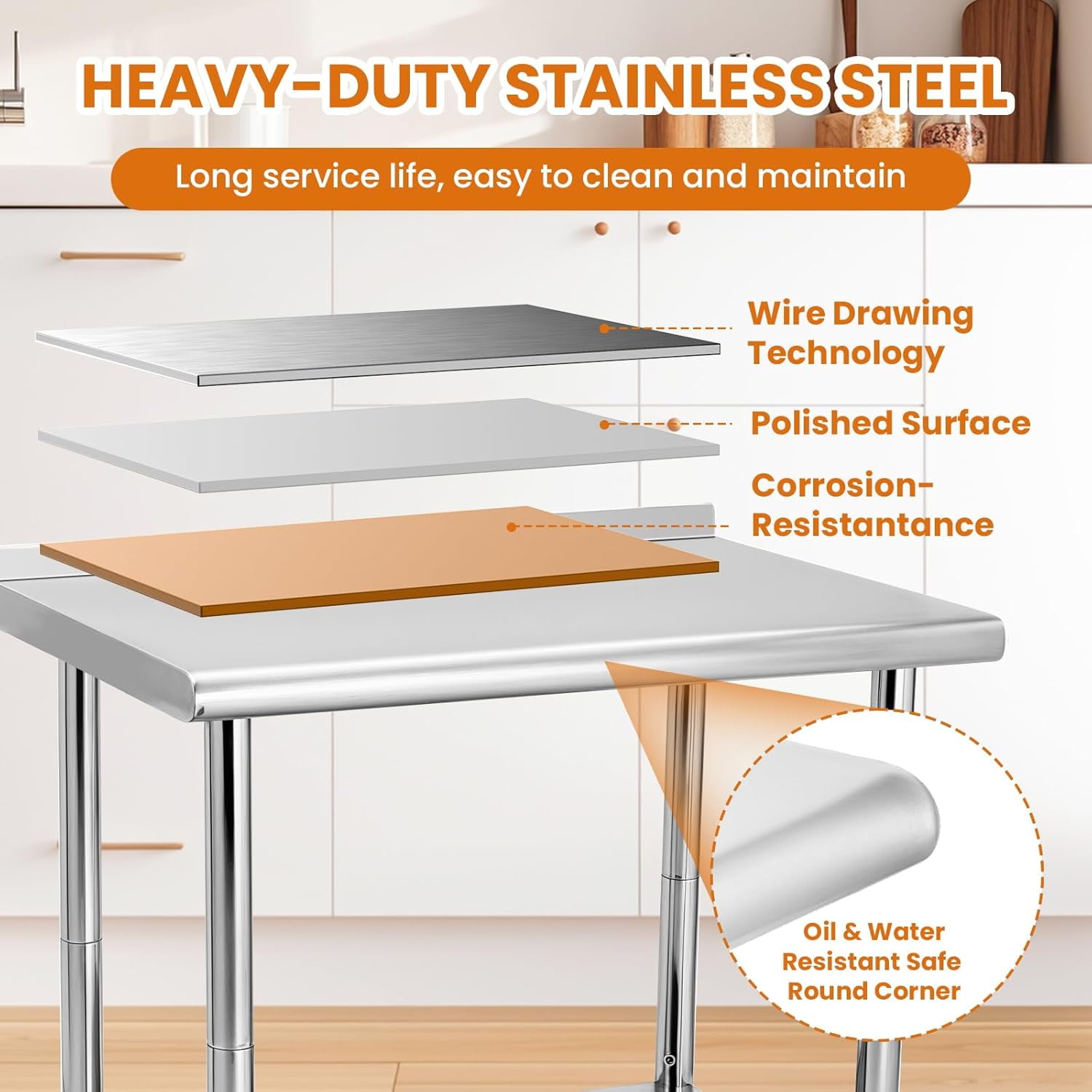 OYang Stainless Steel Table,Metal Prep Table with Backsplash & Adjustable Undershelf,Curved Edge,Heavy Duty Food Prep Worktable with Hooks for Home