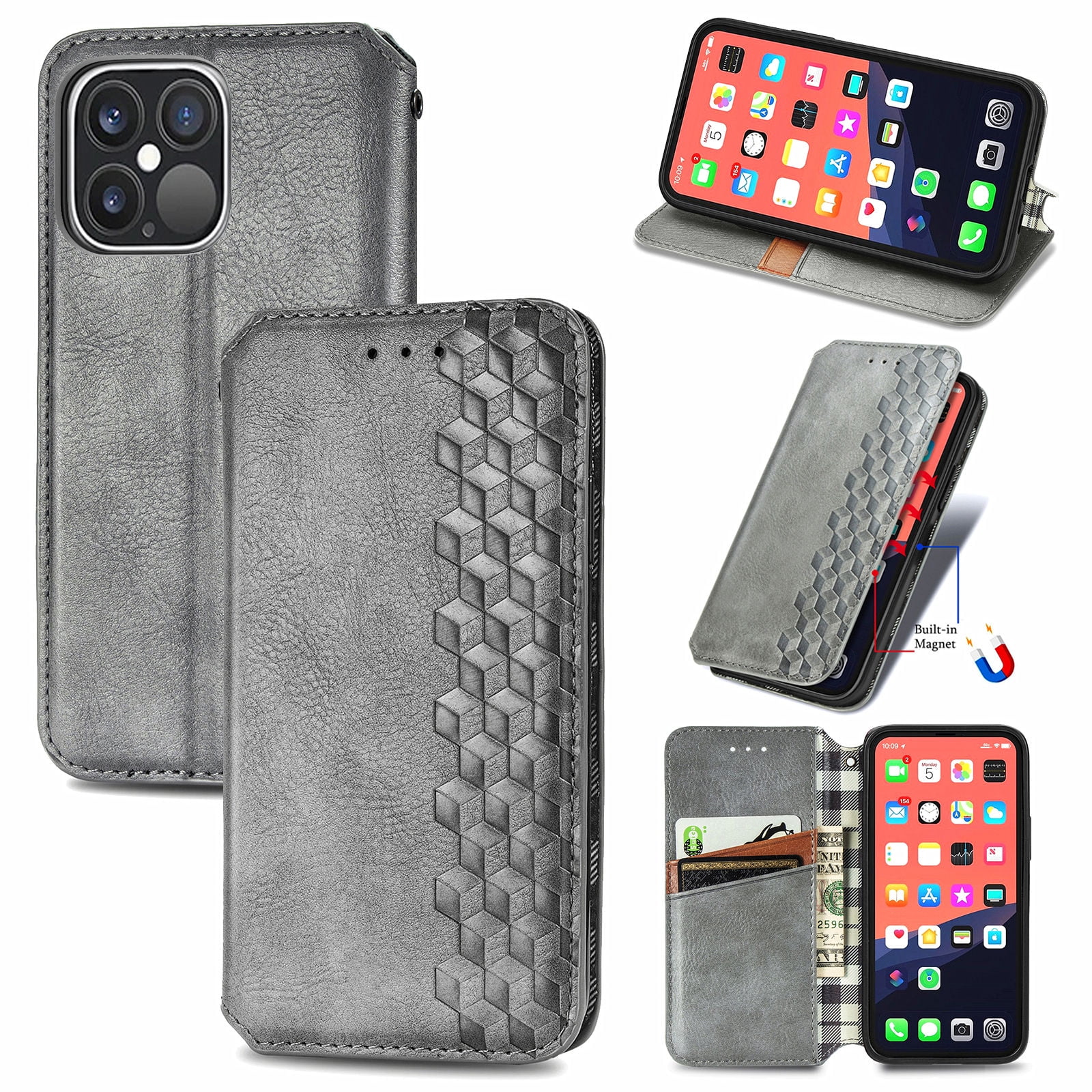 iPhone 12 Pro Max Case, PU Leather TPU Wallet Cover with Card Holder Kickstand Hidden Magnetic Adsorption Shockproof Flip Folio Cell Phone Case for Apple iPhone 12 Pro Max 6.7 inch 2020, Gray