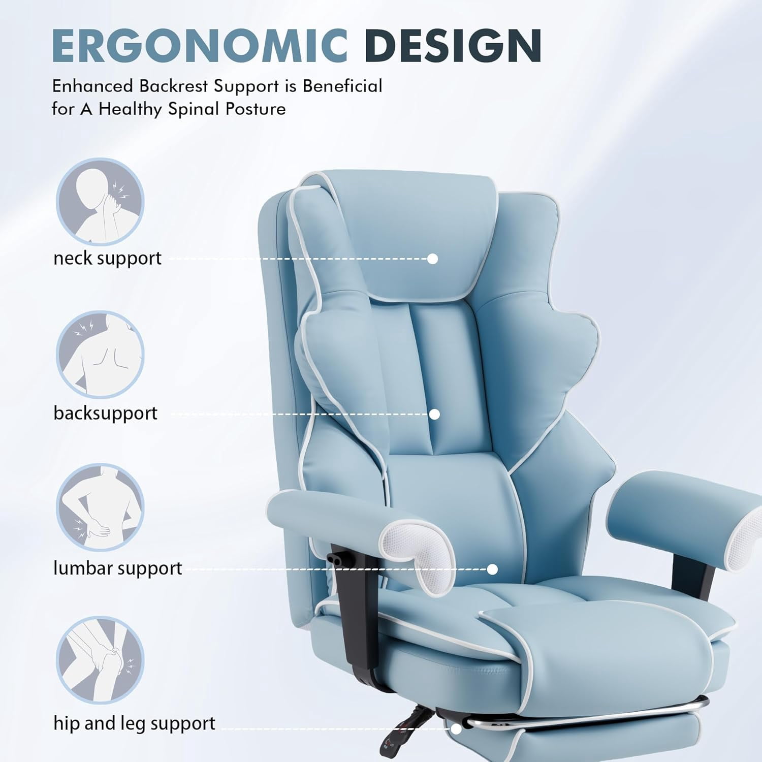 Homrest 6-Point Massage Executive Office Chair for Adults, Heated Ergonomic Home Desk Chair with Adjustable Footrest, Armrests & Backrest (Airy Blue)