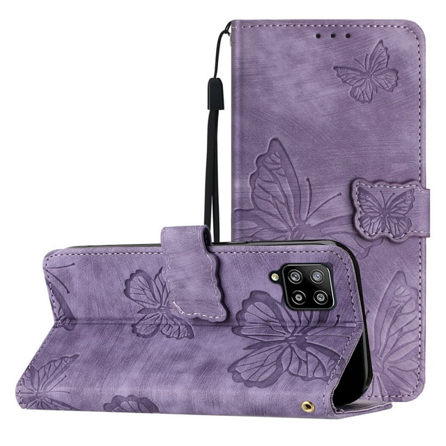 Compatible with Samsung Galaxy A22 4G Embossed Butterfly Case with Wallet and Kickstand Cover