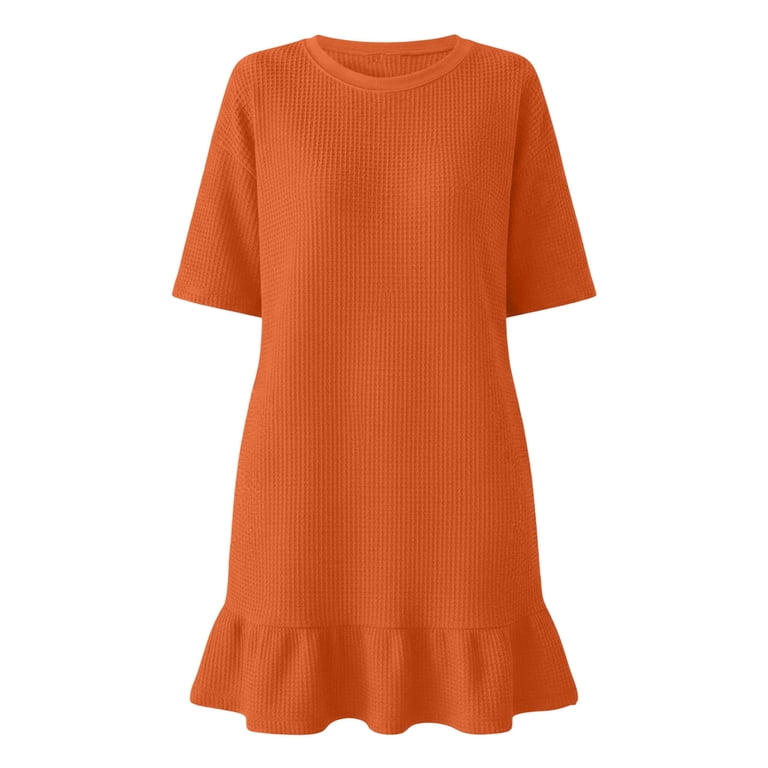 Ygbgbb Women's Waffle Knit Maxi Dress, Crew Neck Short Sleeve with Ruffle Trim, Solid Color Casual Summer Long Dress Orange XL