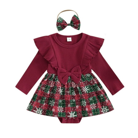 

Baby Girls Romper Fall Winter Xmas Long Sleeve Christmas Bowknot Ribbed Romper Plaid Bodysuits Dress Headbands Outfits Novelty Party Holiday Bodysuits For Child