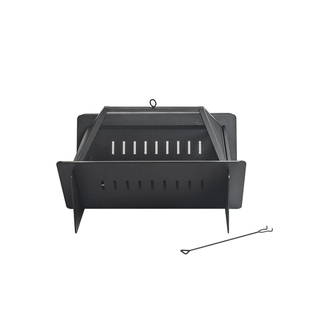 Rectangular heavy duty outdoor fire pit made of durable steel with a mesh spark screen and included fire poker.