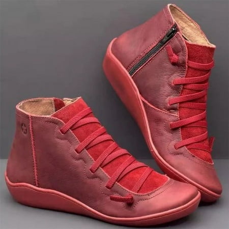 Women s Ankle Boot - Ankle Boots for Women Arch Support Comfy Lace Up Flat Heel Ankle Booties Round Toe Slip On Leather Short Boots Loafers Non-Slip Breathable Soft Bottom Walking Shoes