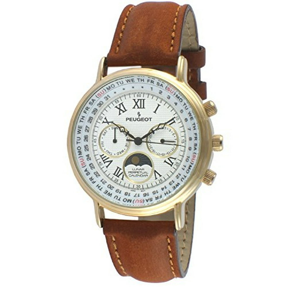 Peugeot peugeot men's vintage 14k gold plated moon phase brown suede