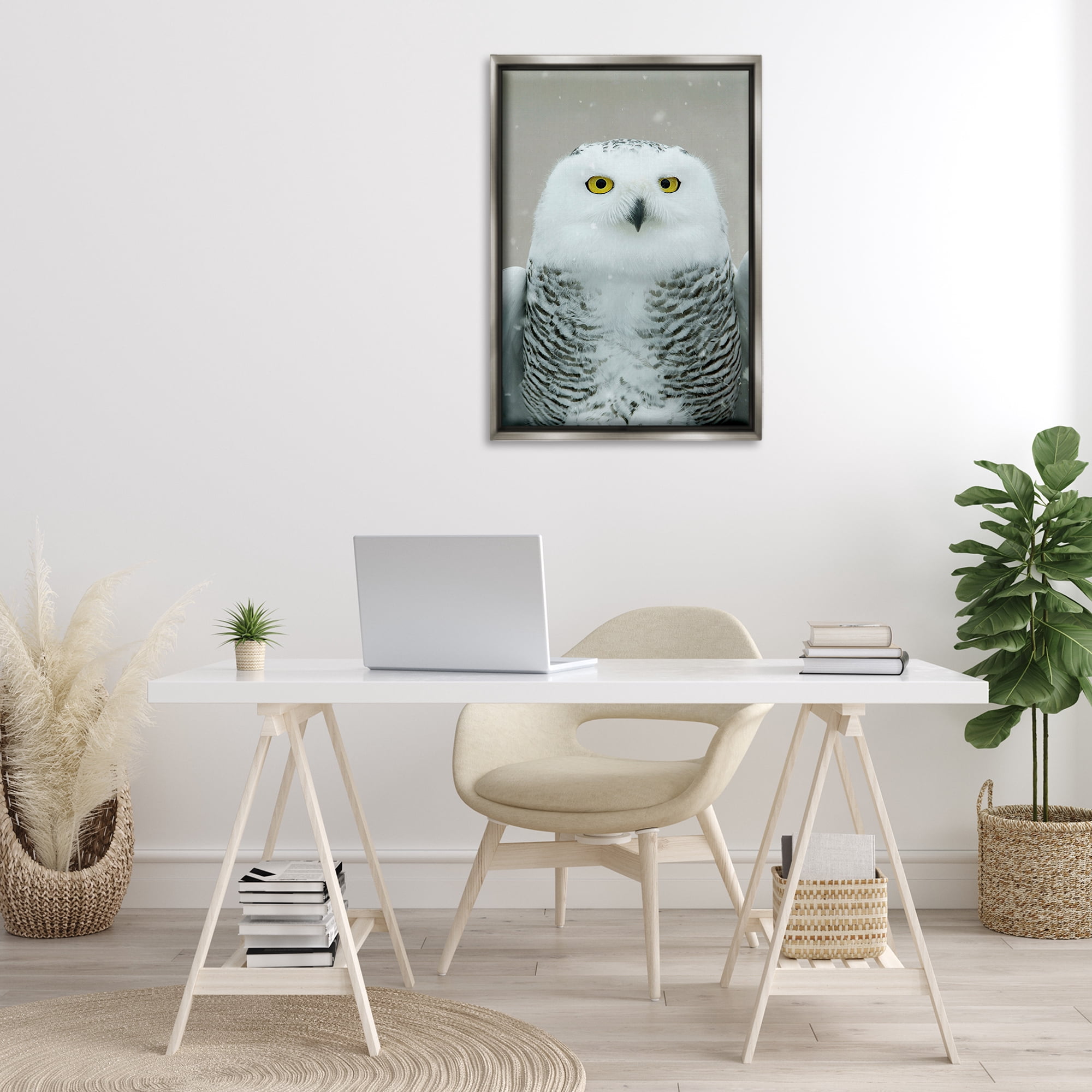 Stupell Industries Snowy Owl Portrait Animals & Insects Photography Gray Floater Framed Canvas Art Print Wall Art, 21 x 31