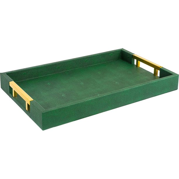 Home Redefined Bandeja Decorativa para Servir de Piel Sintética de Tiburón Rectangular de 45 X 30 Cm con Asas de Metal Pulido Dorado, Color Verde Esmeralda