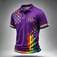 thumbnail image 2 of Men's Rainbow Peace Sign Polo Shirt with Colorful Star Splatter Graphic and Striped Cuffs Featuring Classic Collar Short Sleeves Purple M, 2 of 5