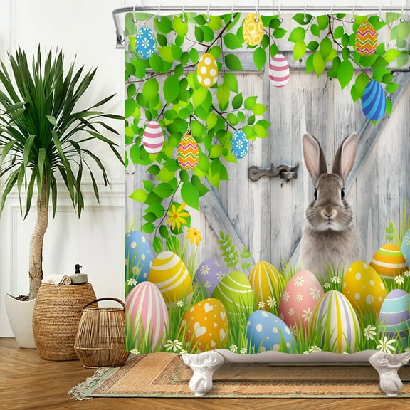 SUNOLIFE Spring Easter Shower Curtain,Happy Easter Rabbit and Eggs Fabric Bathroom Curtain with Hooks,72x72 in