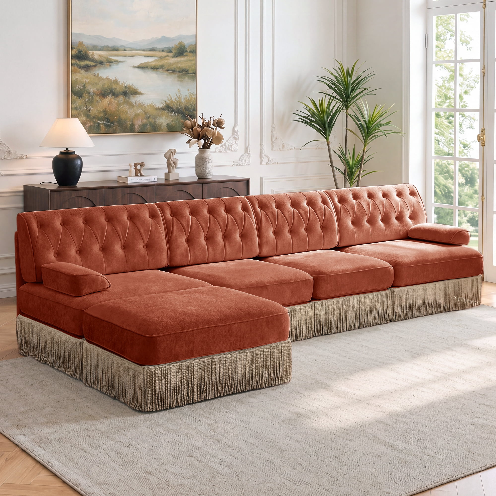 135" Chesterfield 4 Seater L-Shaped Modular Sectional Sofa Set with Ottoman and Tassel Skirt, Easy to Assemble