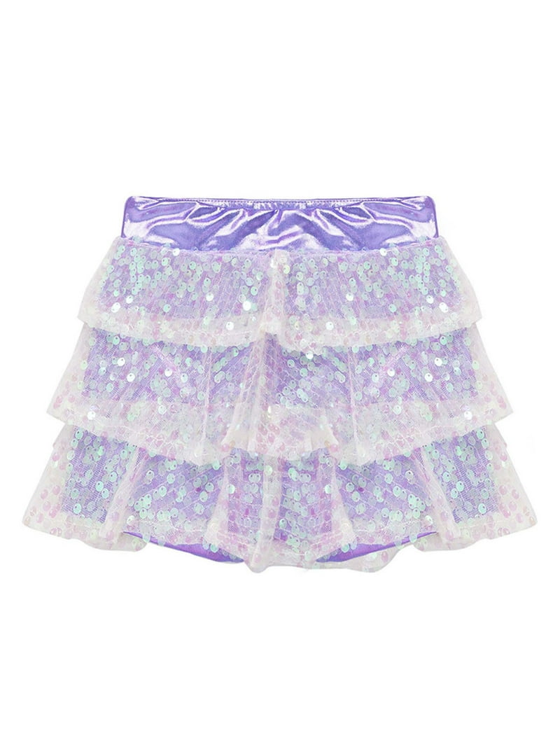 iiniim Kids Girls Sequin Skirt Elastic Waist 3-Layers Ruffle Dance