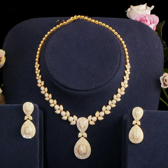 CZ Pave Dangle Drop Women Gold Necklace and Earrings Party Brides Jewelry Sets