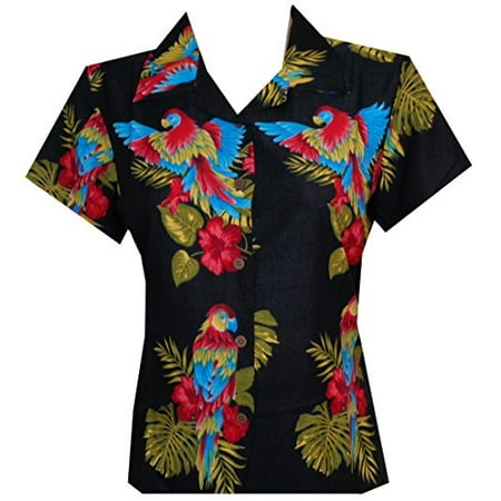 Hawaiian Shirt 39W Women Parrot Flower Aloha Beach Top Blouse Black M